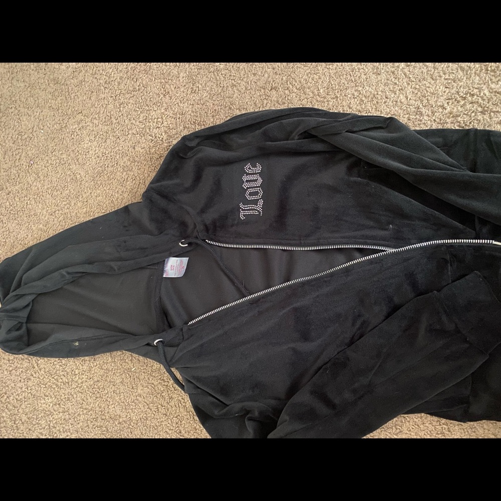 Velvet like material with rhinestone “love” on front black sweater
